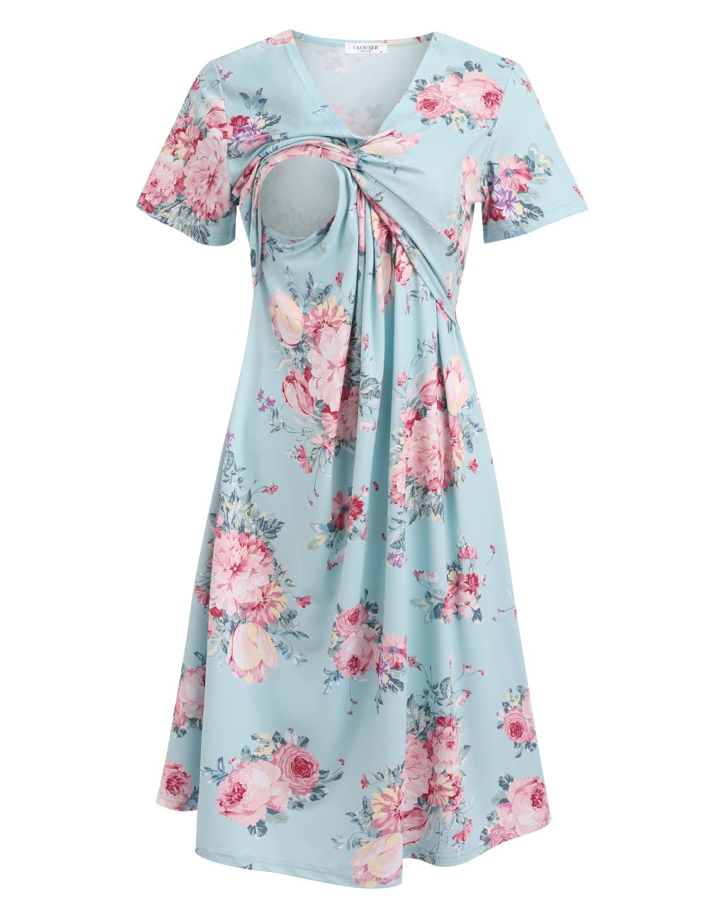 Blue floral maternity nursing dress with twist front and short sleeves