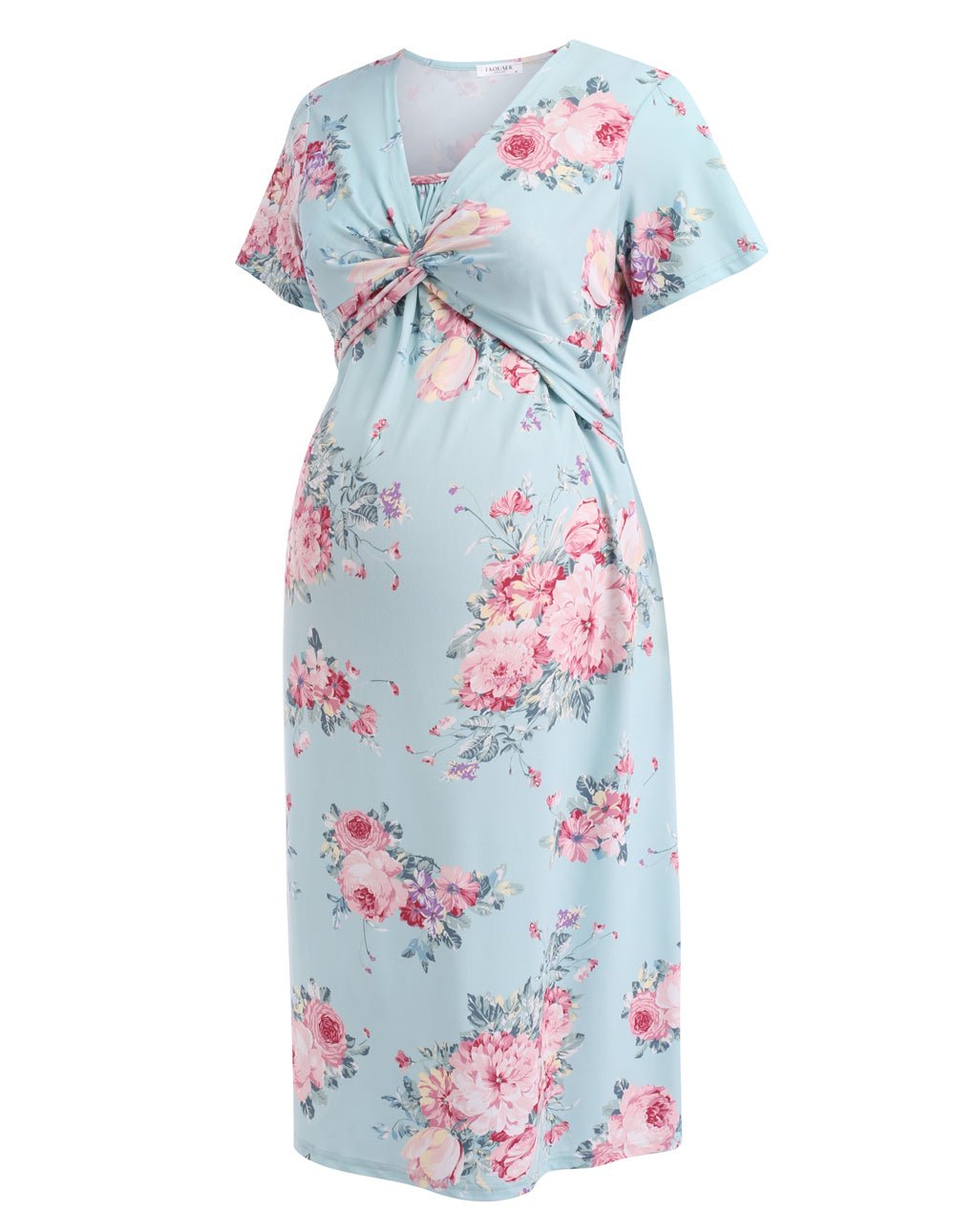 Blue floral maternity nursing dress with twisted front and short sleeves