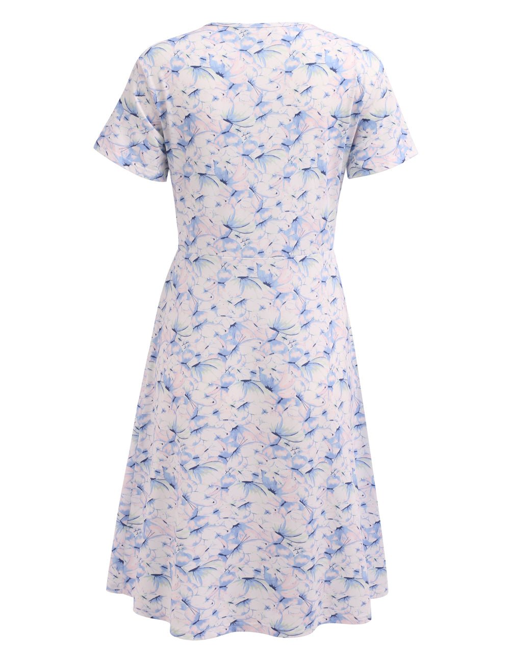 Floral maternity nursing dress, short sleeves, light blue print with scattered small flowers