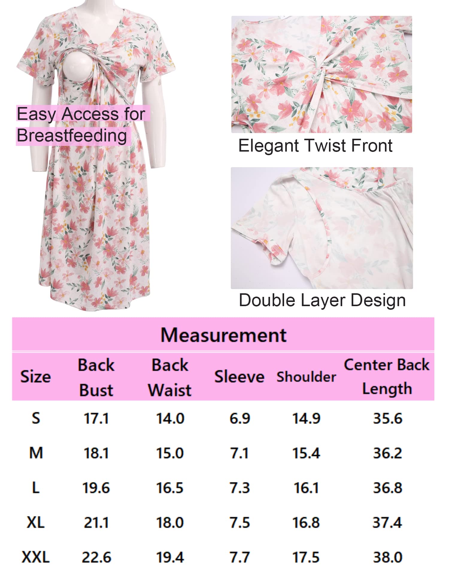 Pink floral maternity nursing dress with twist front and short sleeves