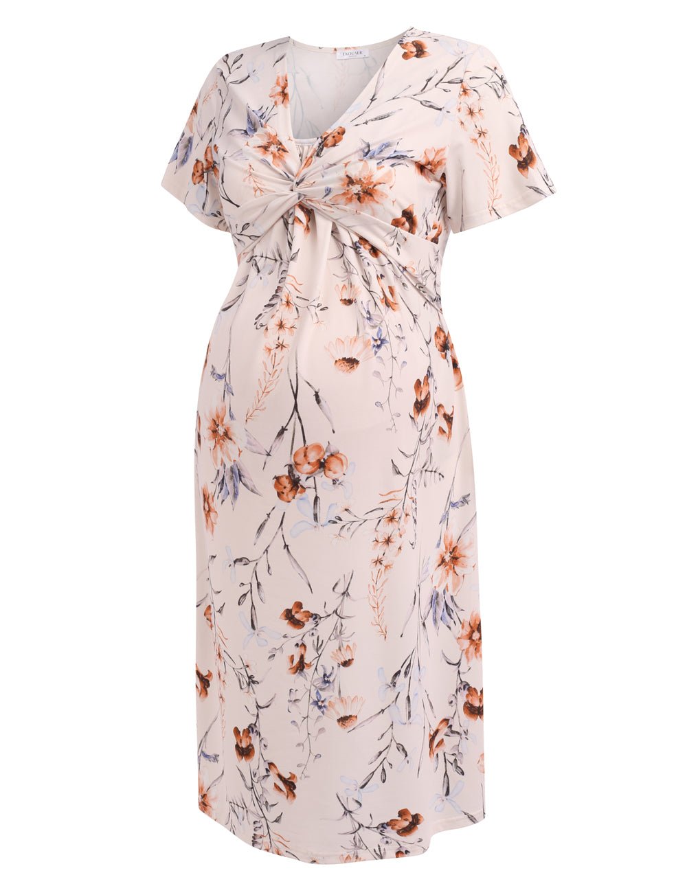 Floral maternity nursing dress, tied V-neck, short sleeves, blush with orange rose print