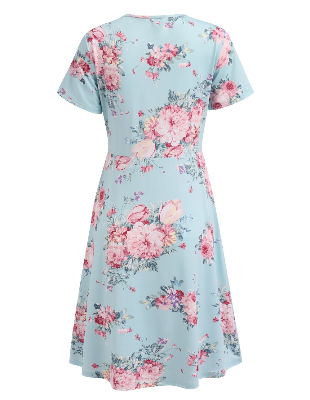 Blue floral maternity dress with short sleeves and scoop back