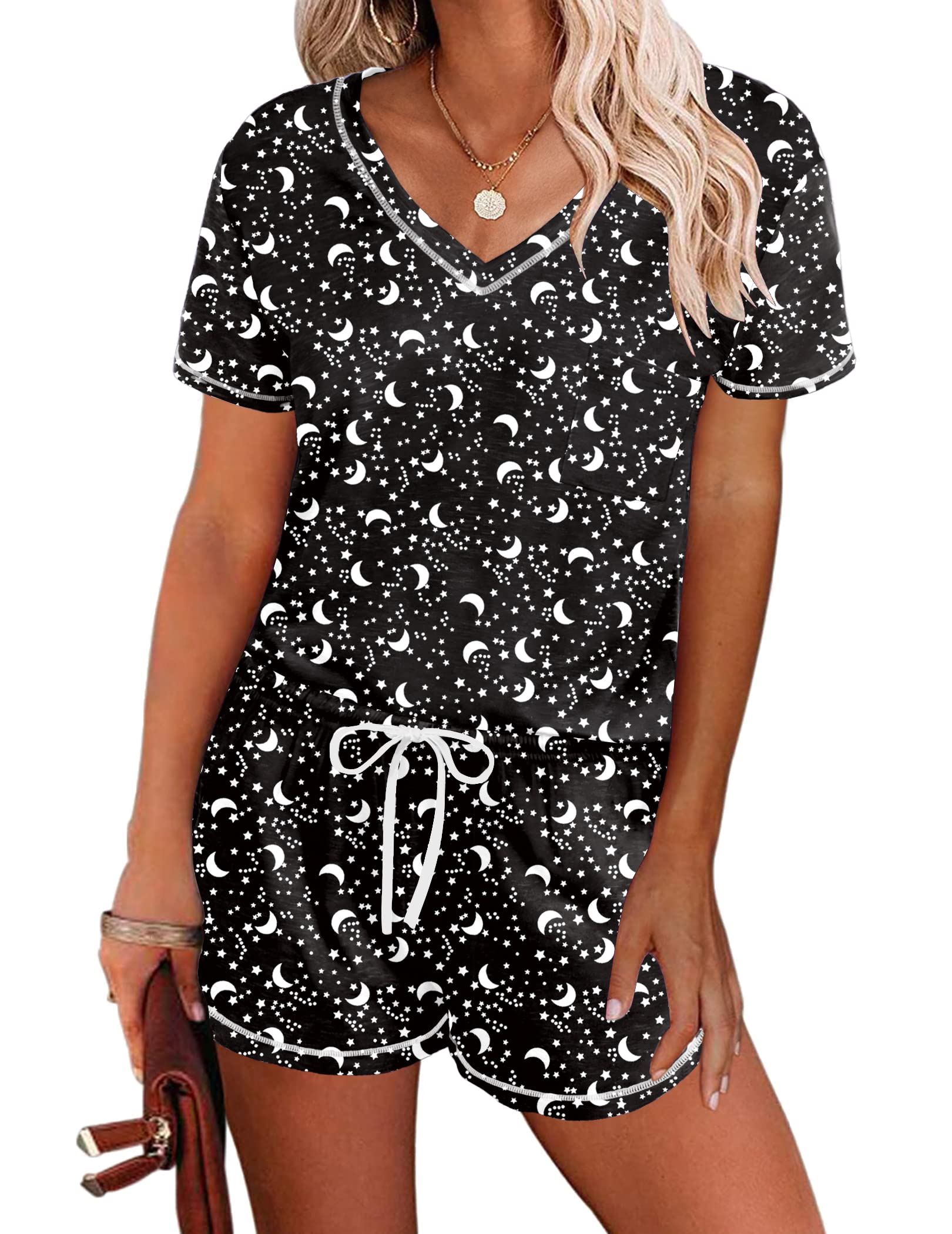 Short-sleeve lounge pajama set with V-neck, black moon-and-star print and drawstring