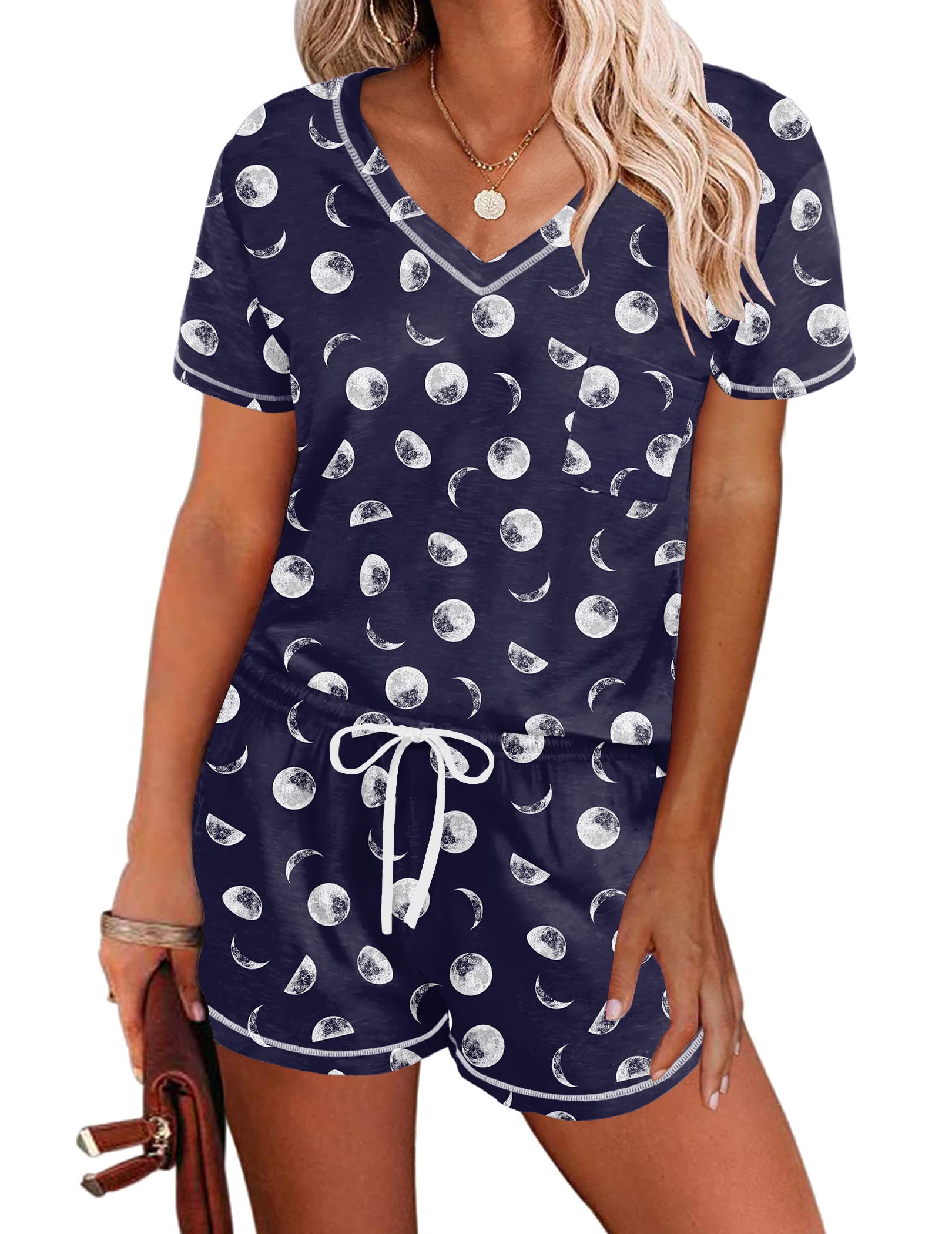 Short-sleeve lounge pajama set with V-neck, navy moon-and-dot print and drawstring shorts