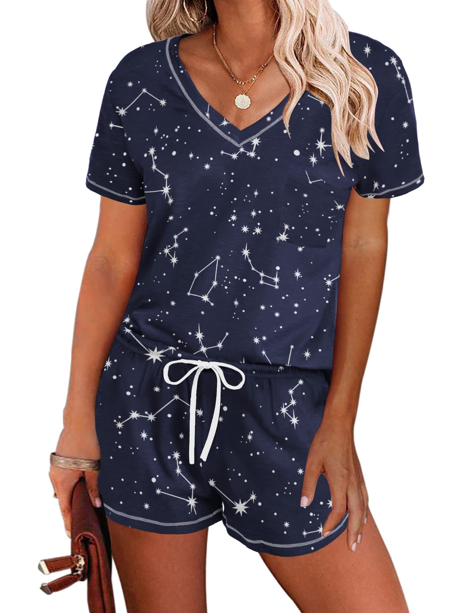 Short-sleeve lounge pajama set with V-neck, navy star-map print and drawstring shorts