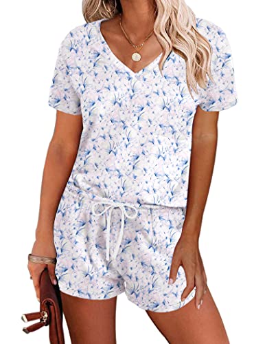 Short-sleeve lounge pajama set with V-neck, blue floral print and drawstring shorts