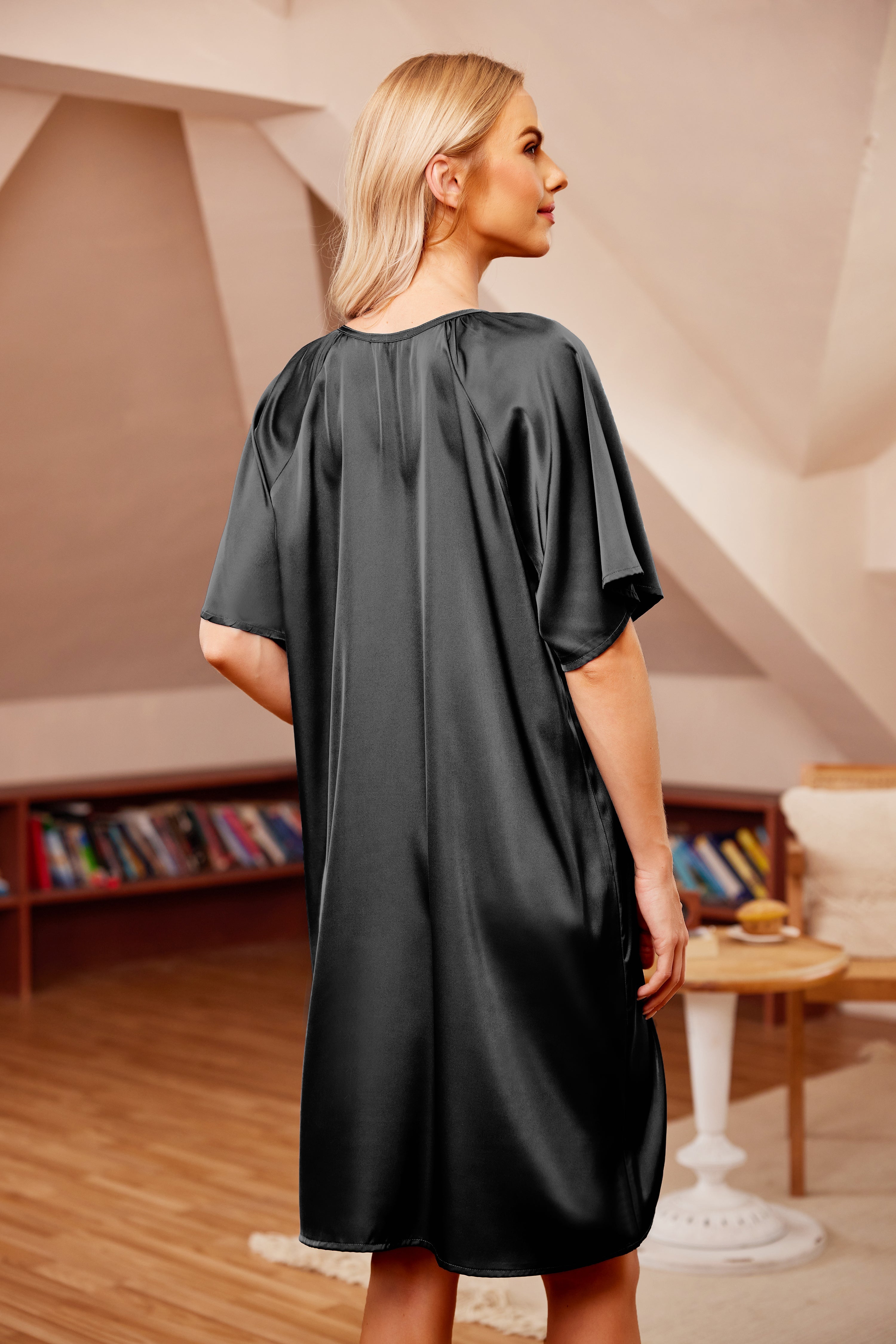 Black satin-look short sleeve sleep dress with loose fit and V neckline