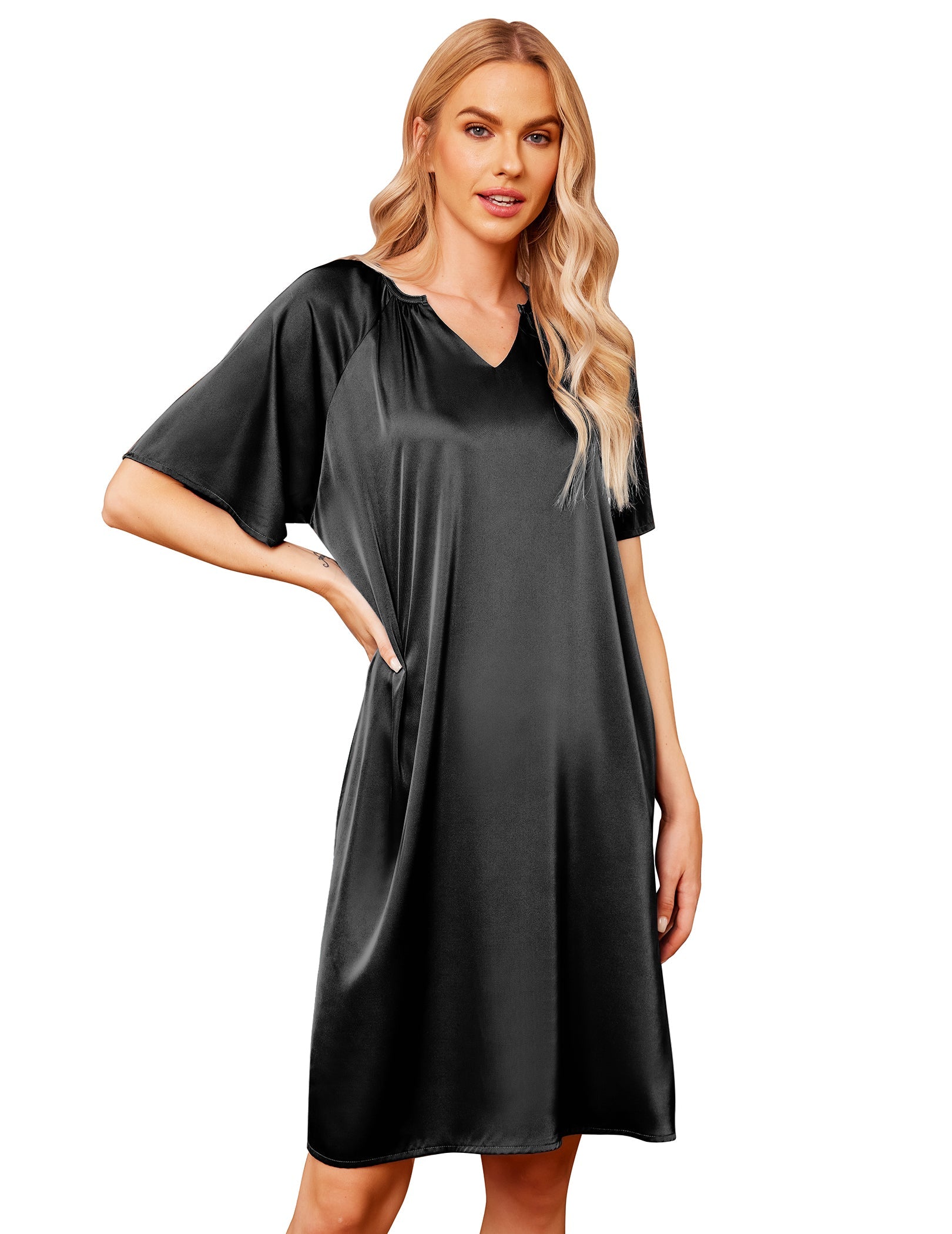 Black silk short-sleeve loose sleepwear dress, V-neck, relaxed drape