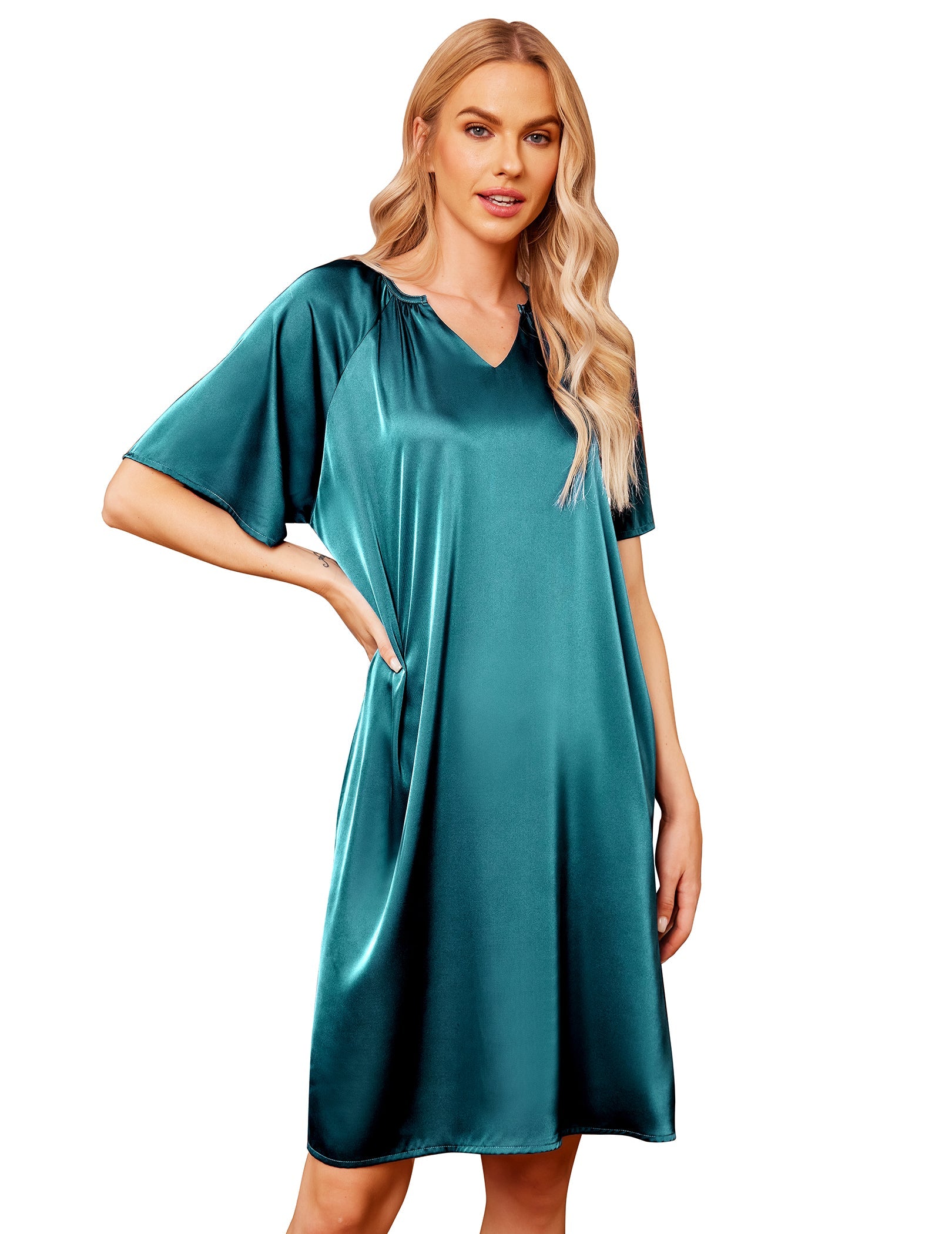 Teal satin silk short-sleeve sleepwear dress, V-neck, loose fit, tassel detail