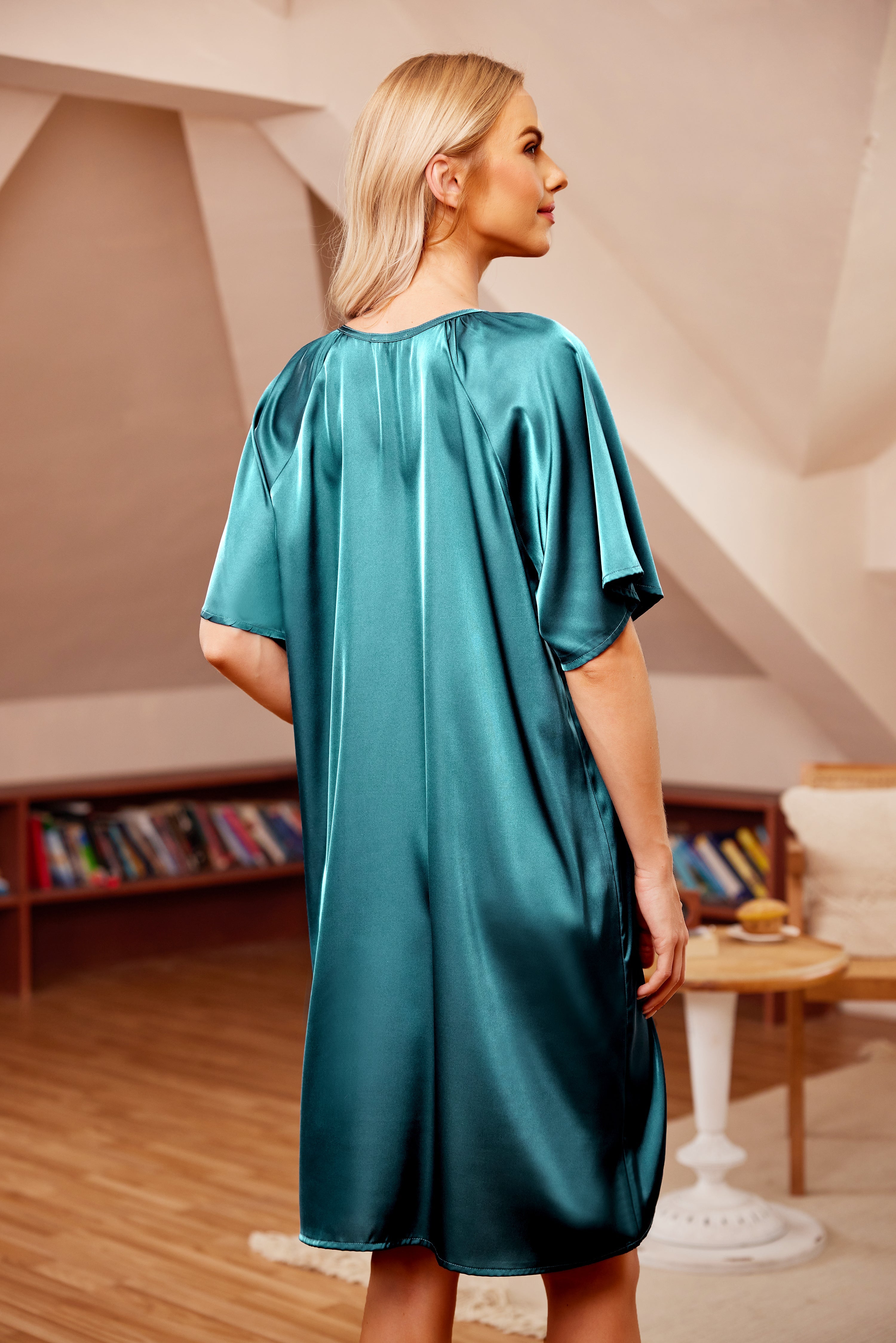 Teal satin silk short-sleeve sleepwear dress, V-neck, loose fit, rear view