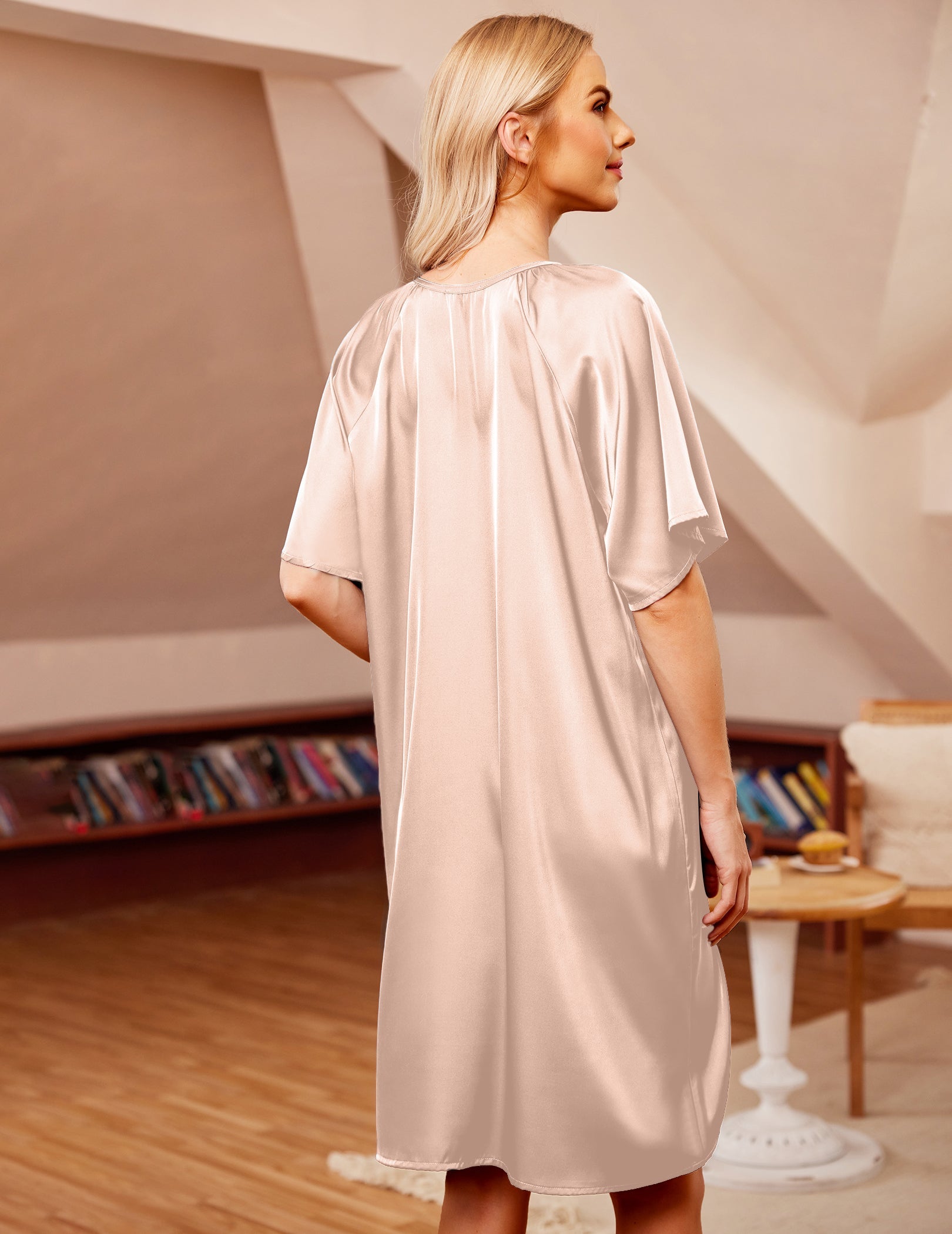 Champagne satin short sleeve sleep dress with loose back drape and flared hem