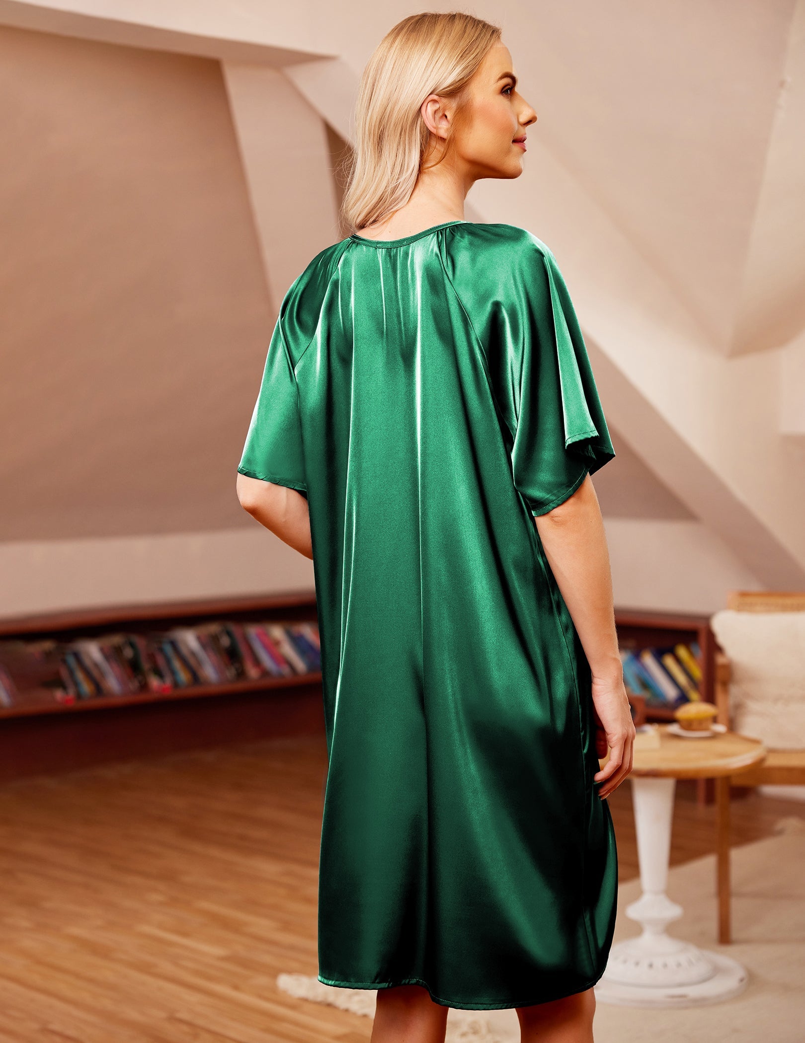 Green satin short sleeve sleep dress with loose back drape and flared hem