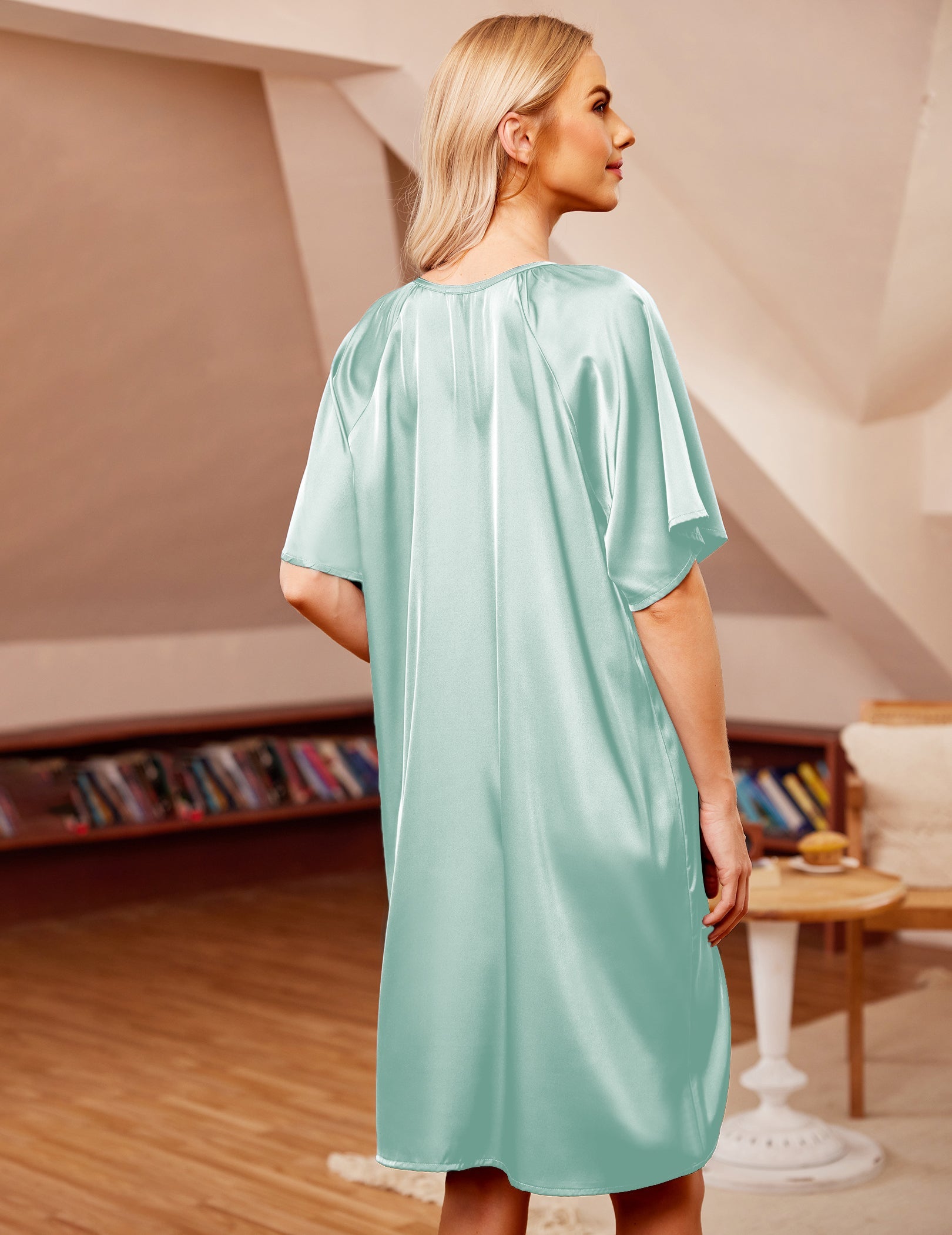 Light teal silk short-sleeve nightgown with V-neck and pleated back