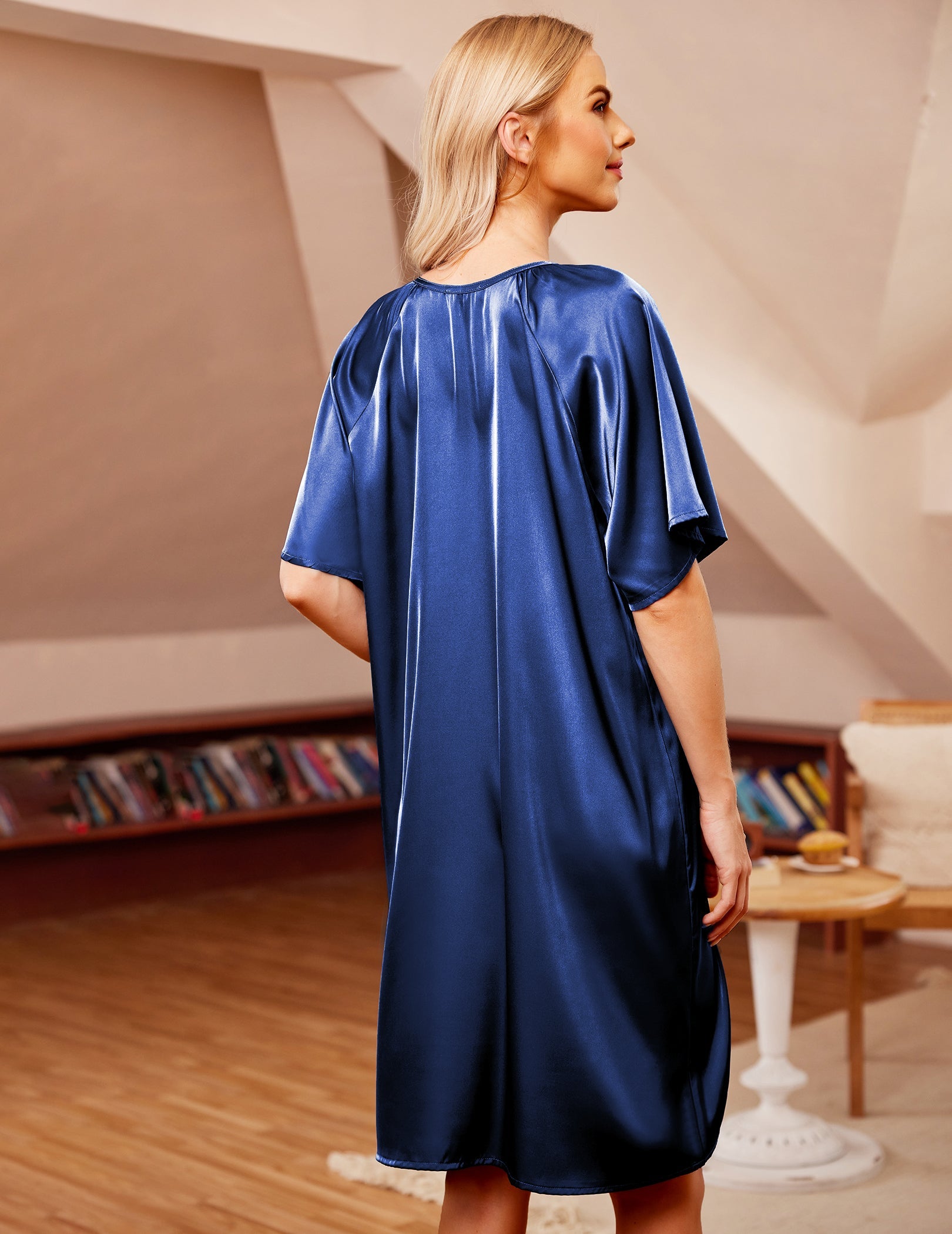 Navy blue satin silk short-sleeve sleepwear dress, loose drape, V-neck back view