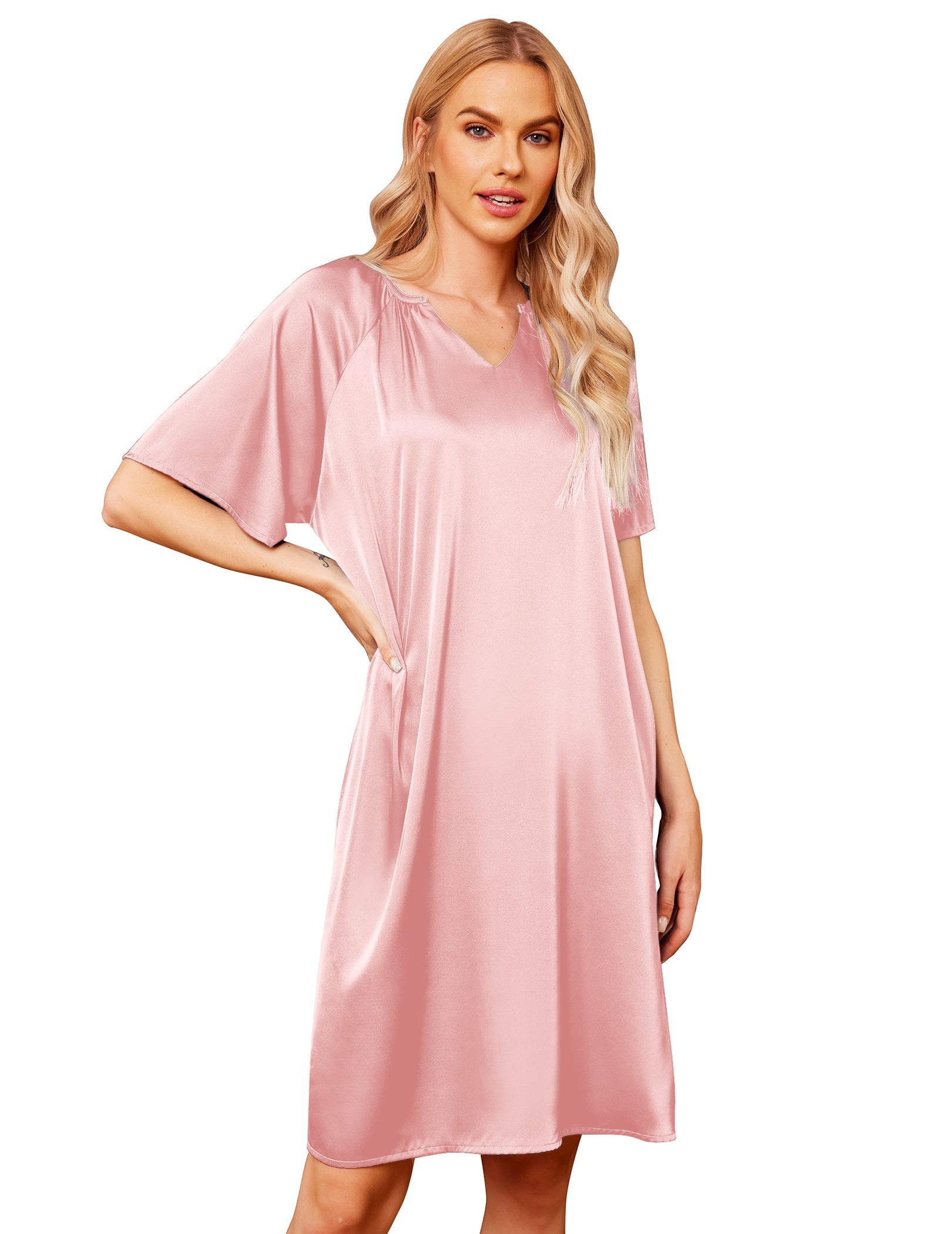 Light pink silk short-sleeve loose sleepwear dress with V-neck and relaxed fit