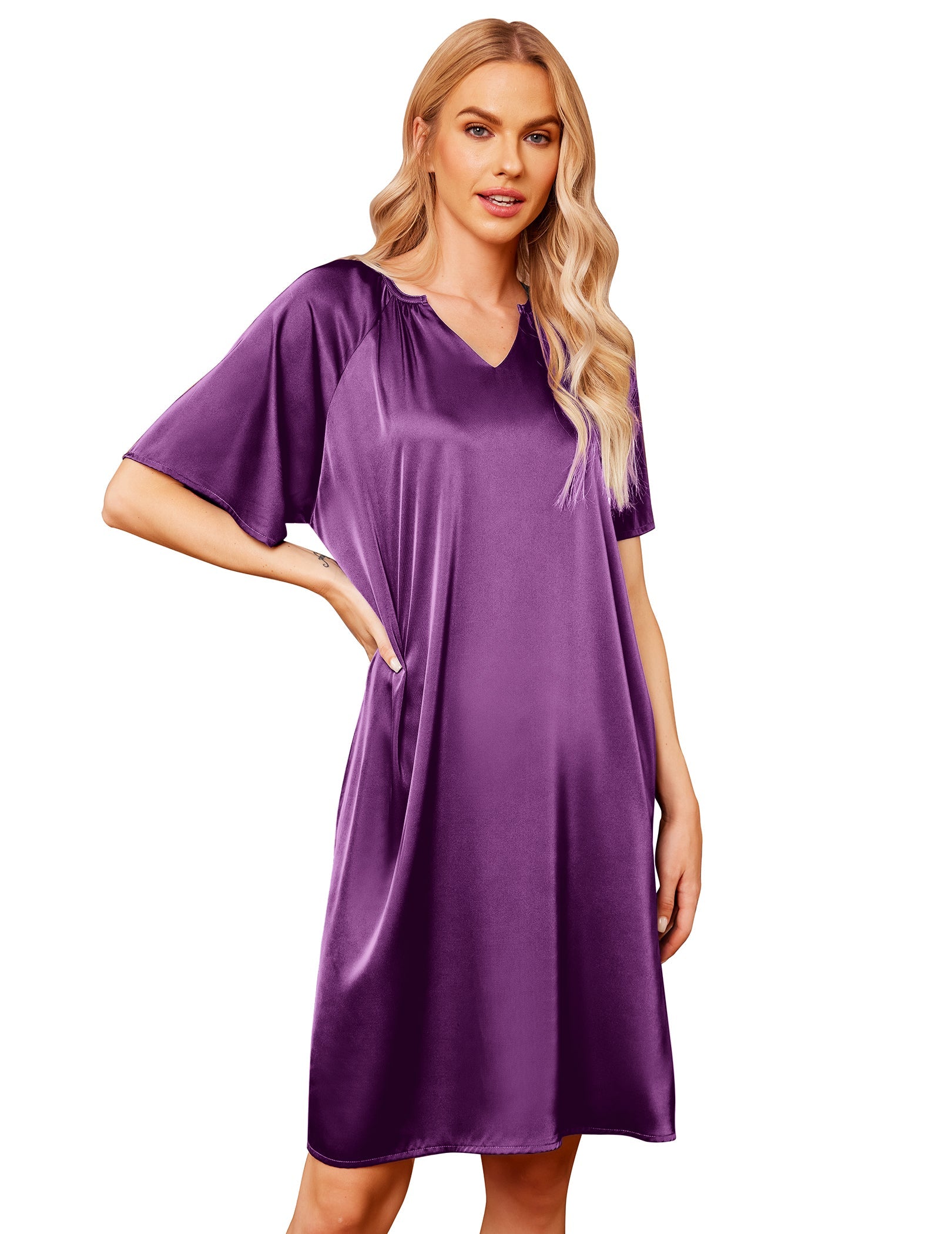 Purple silk short-sleeve loose sleepwear dress with V-neck and draped silhouette