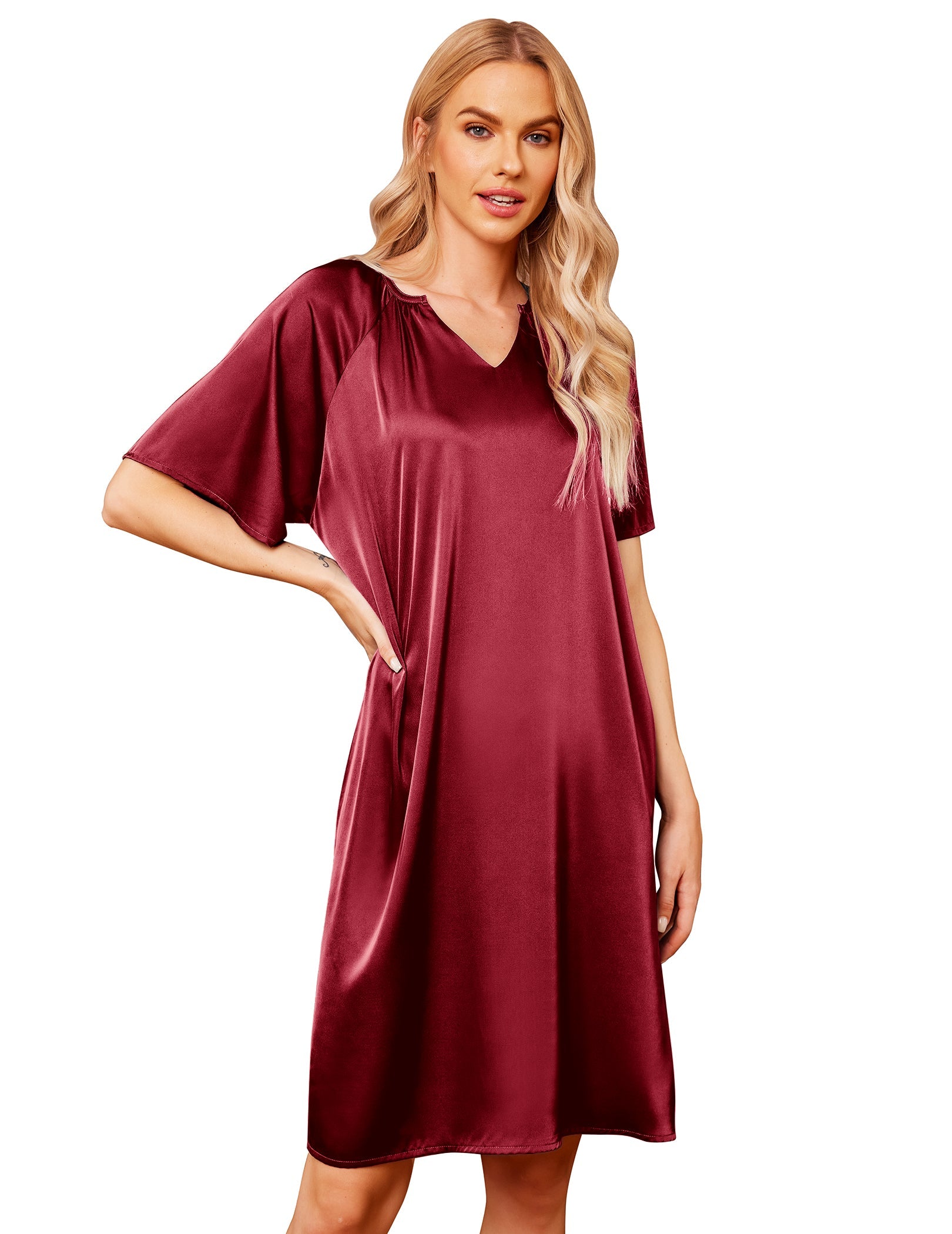 Burgundy silk short-sleeve loose sleepwear dress, V-neck, relaxed fit