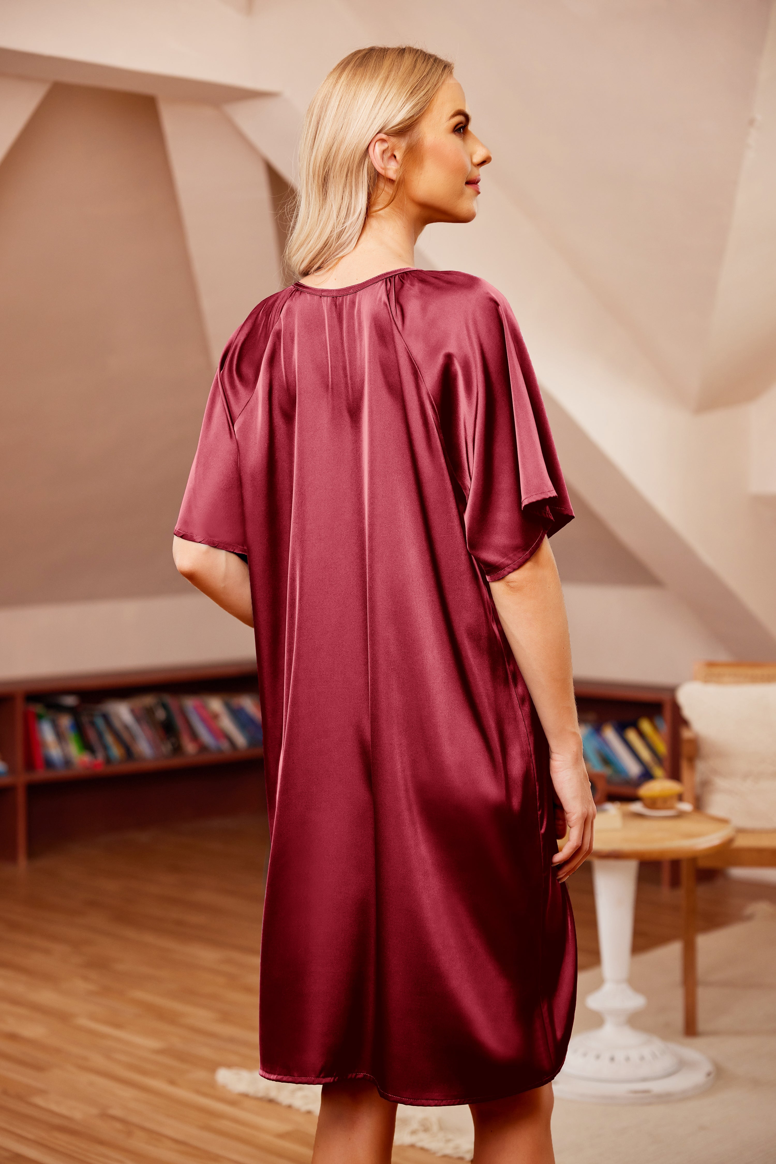 Burgundy silk short-sleeve sleepwear dress, back view, gathered shoulders