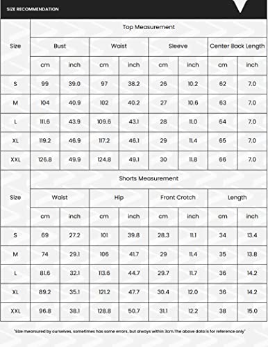 Size recommendation chart for pajama set with top and shorts measurements
