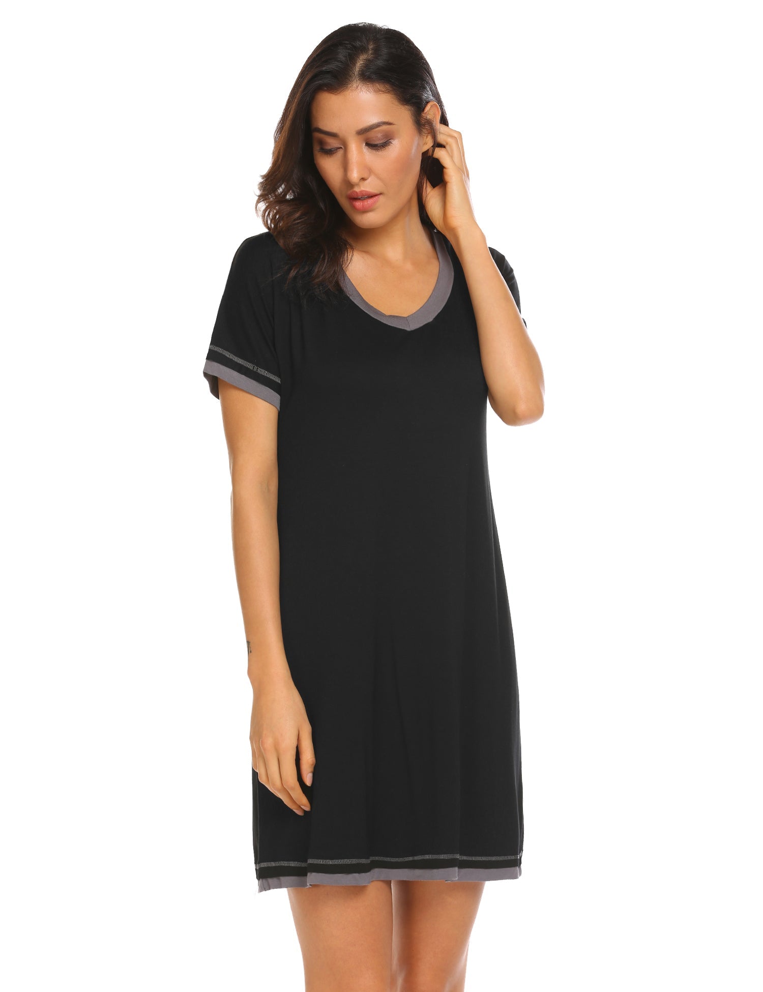 Black short-sleeve V-neck nightgown with contrasting trim and straight shift shape.