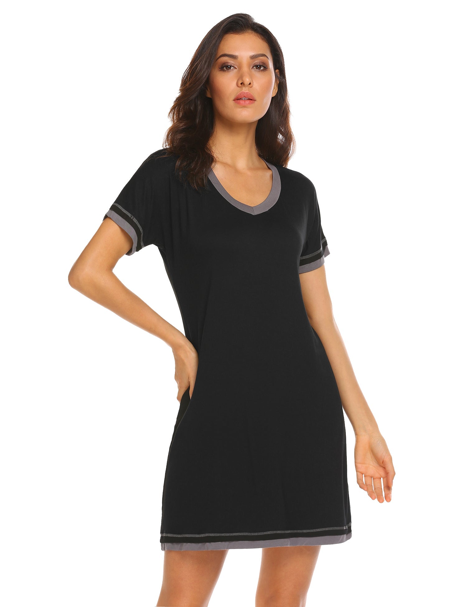 Black short-sleeve V-neck nightgown with contrasting trim along neckline and sleeves.