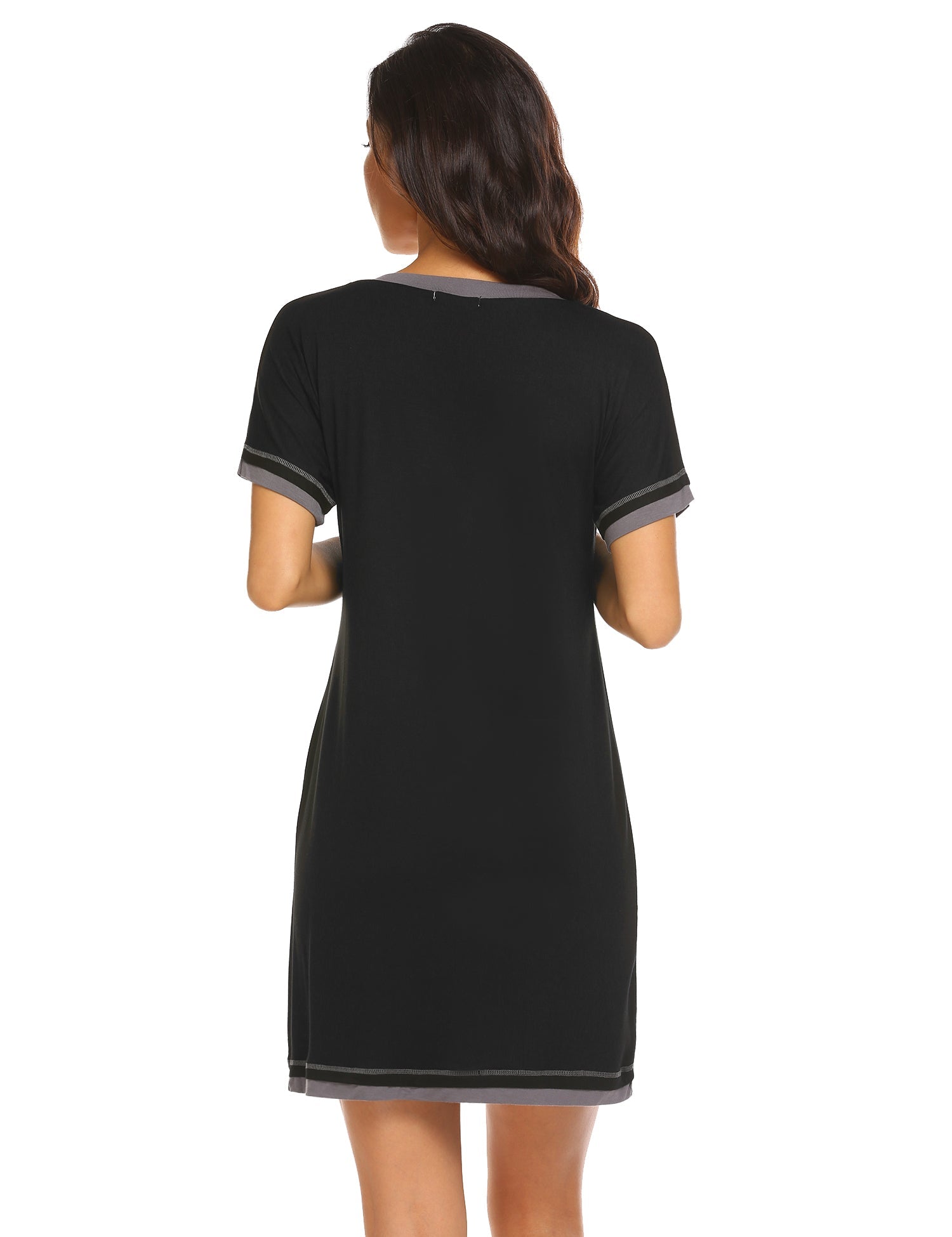 Black short-sleeve V-neck nightgown shown from back with contrasting hem trim.