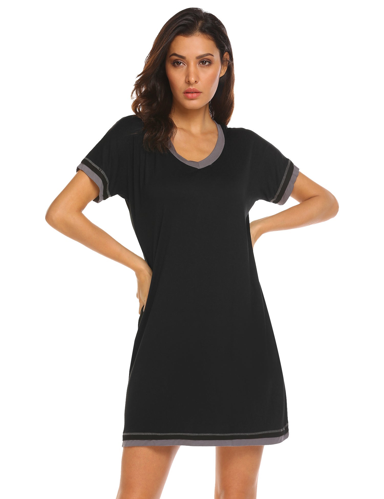 Black short-sleeve V-neck nightgown with contrasting trim at neckline and hem.