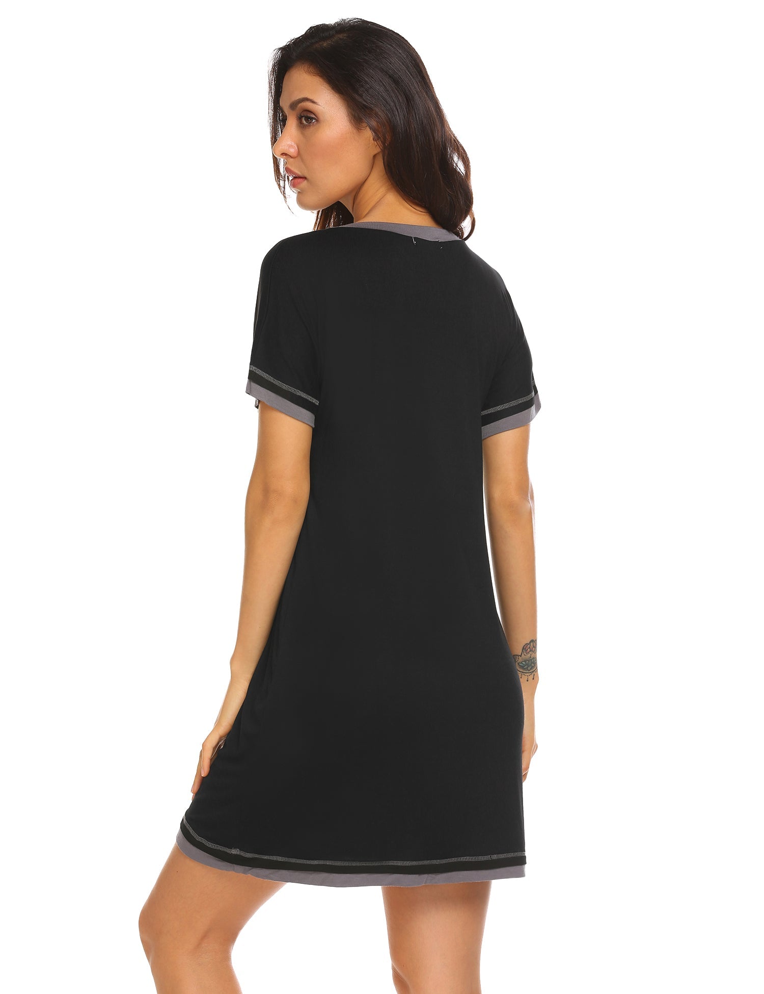 Black short-sleeve V-neck nightgown shown from side with contrasting sleeve and hem trim.