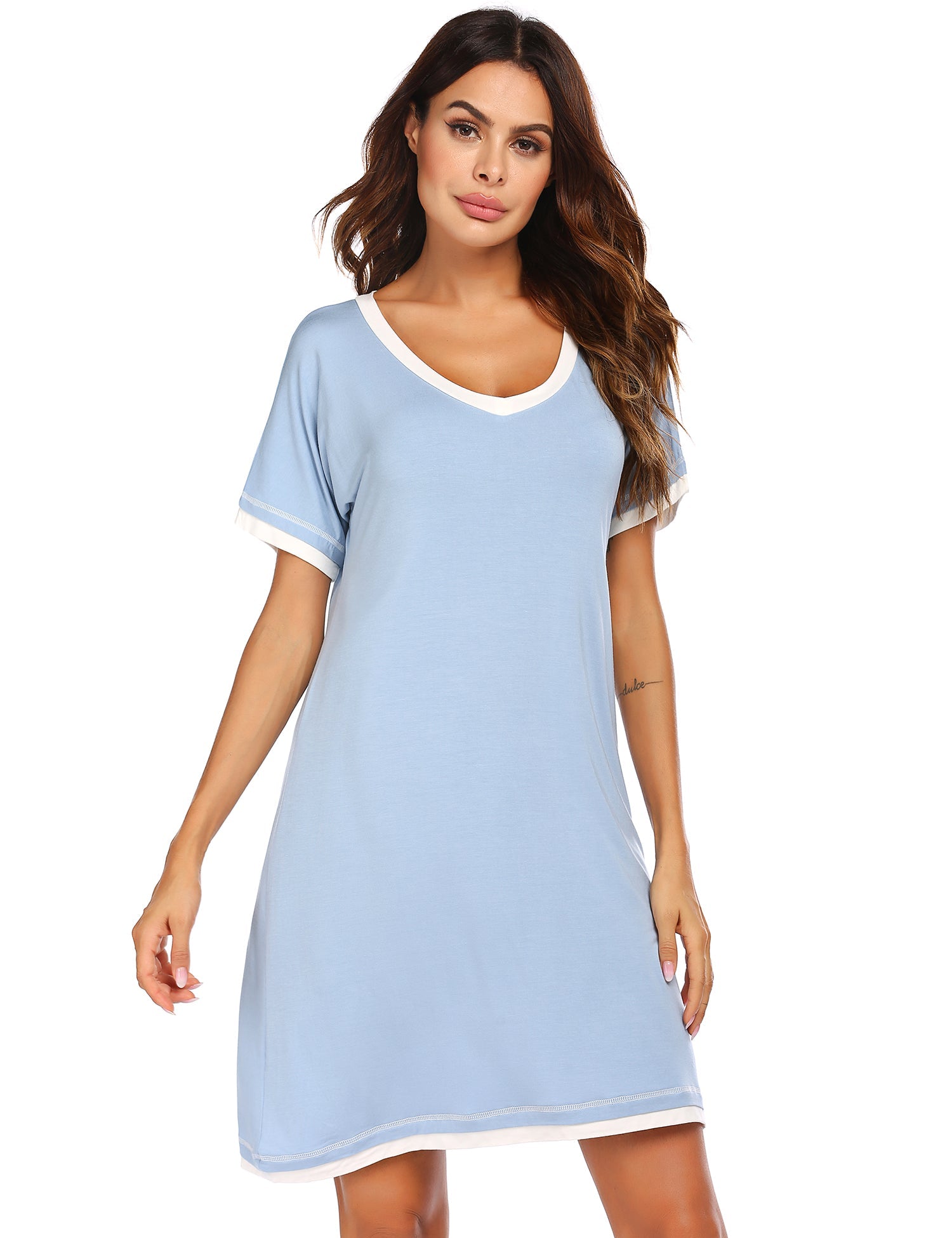 Light blue short-sleeve V-neck nightgown with white trim at neckline and hem.