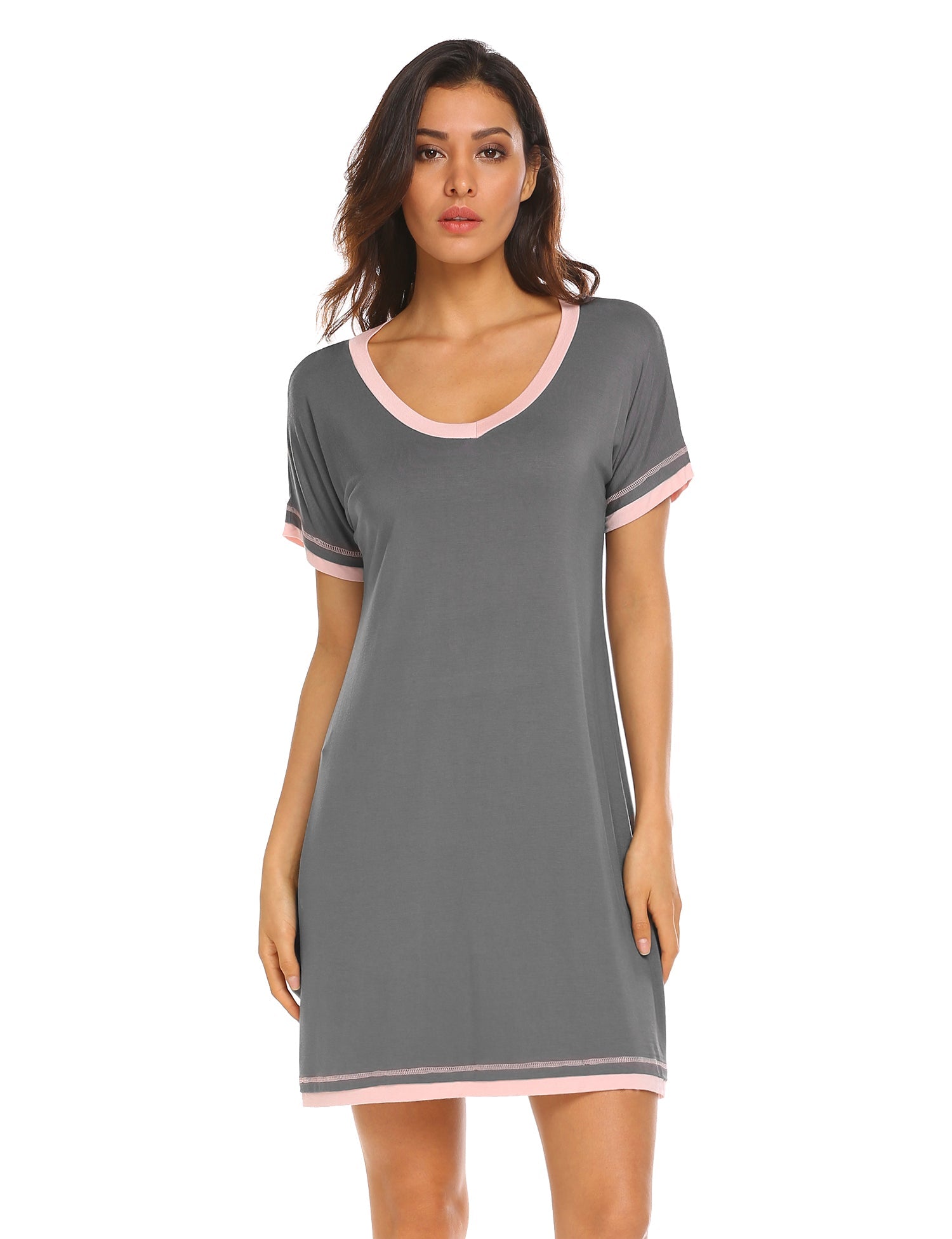 Dark grey short-sleeve V-neck nightgown with pink trim at neckline and hem.
