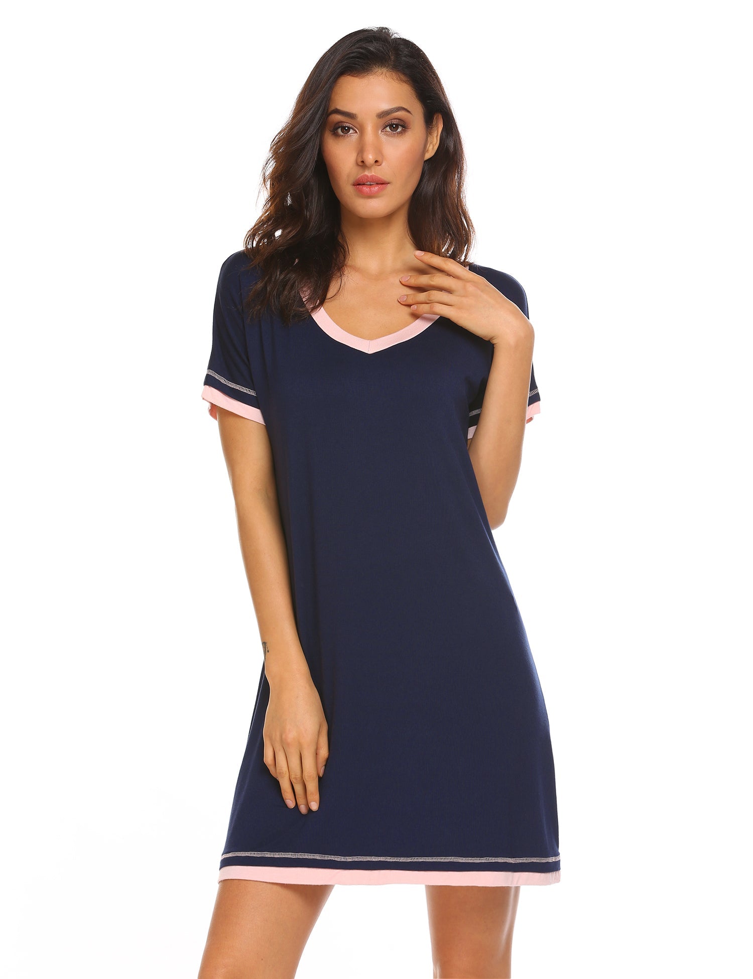 Navy blue short-sleeve V-neck nightgown with pink trim at neckline and hem.