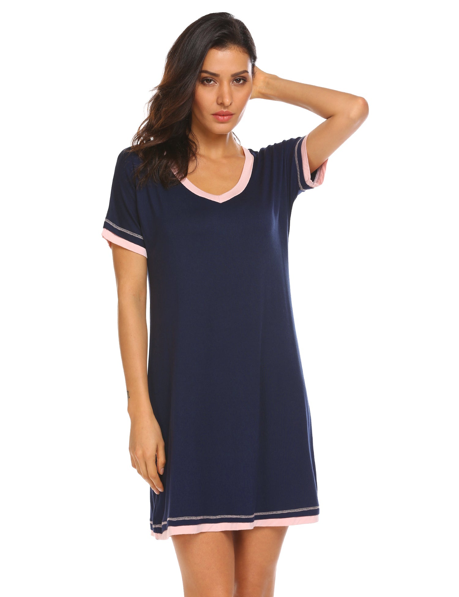 Short sleeve V-neck nightgown, dark blue with white trim and straight hem