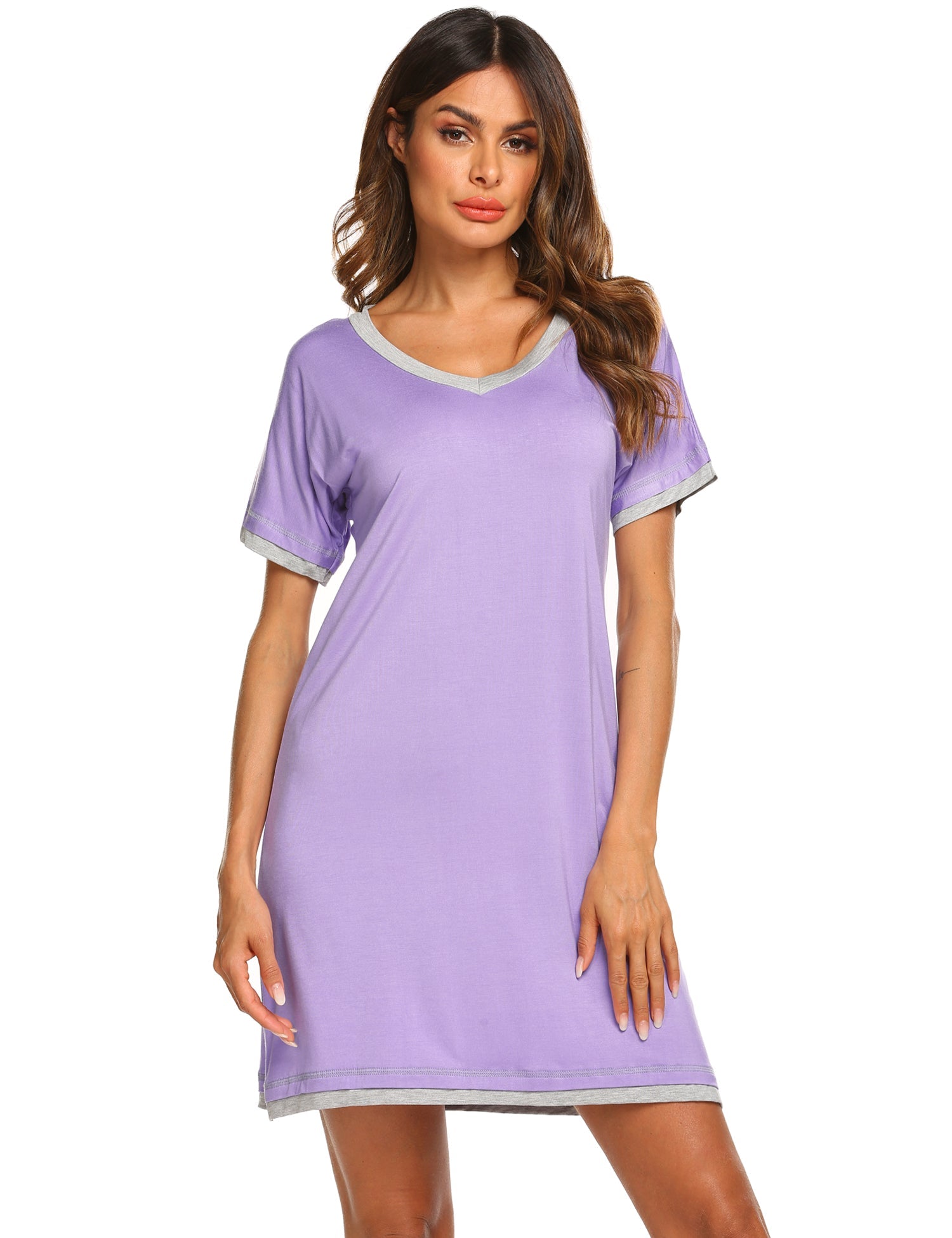 Short sleeve V-neck nightgown, purple with white trim and straight hem