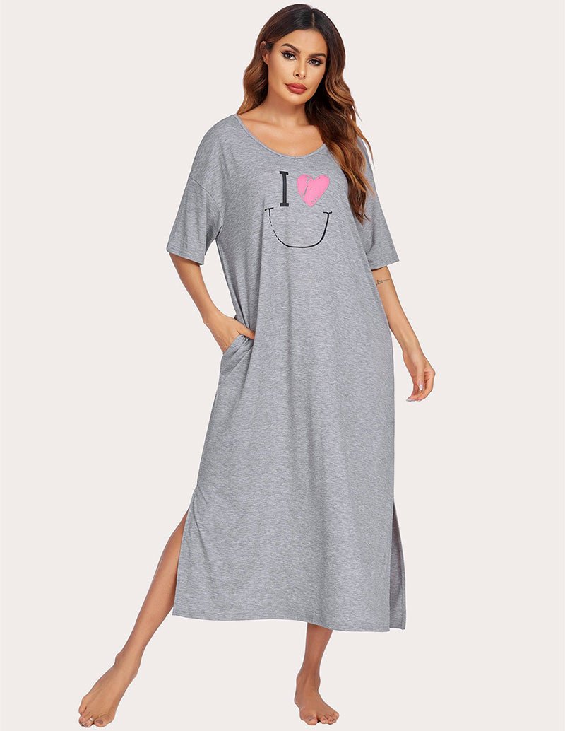Gray side-split house dress with I ♥ heart print, short sleeves, midi length
