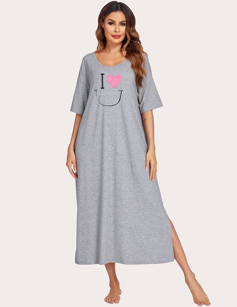 Gray side-split house dress with I ♥ heart graphic, rounded neckline, midi length
