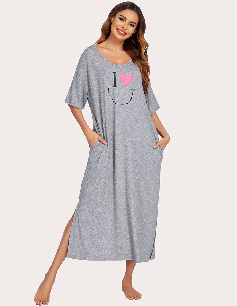 Gray side-split house dress with heart I graphic and side pocket, short sleeves