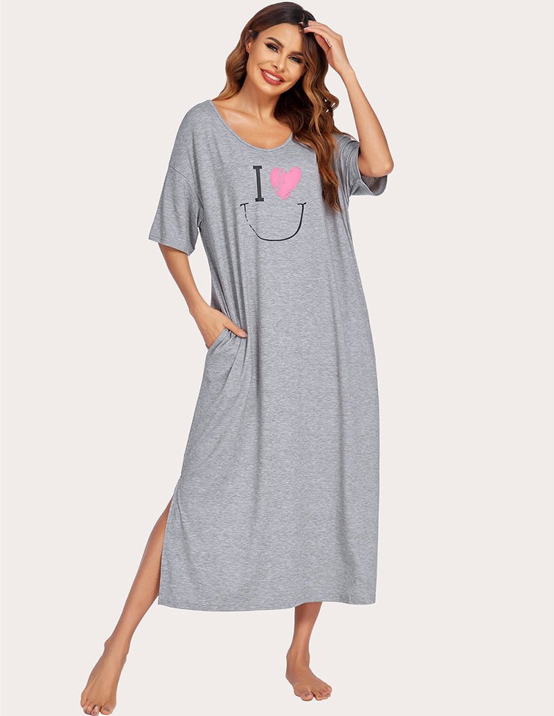 Gray melange side-split house dress with I ♥ heart print, relaxed midi fit