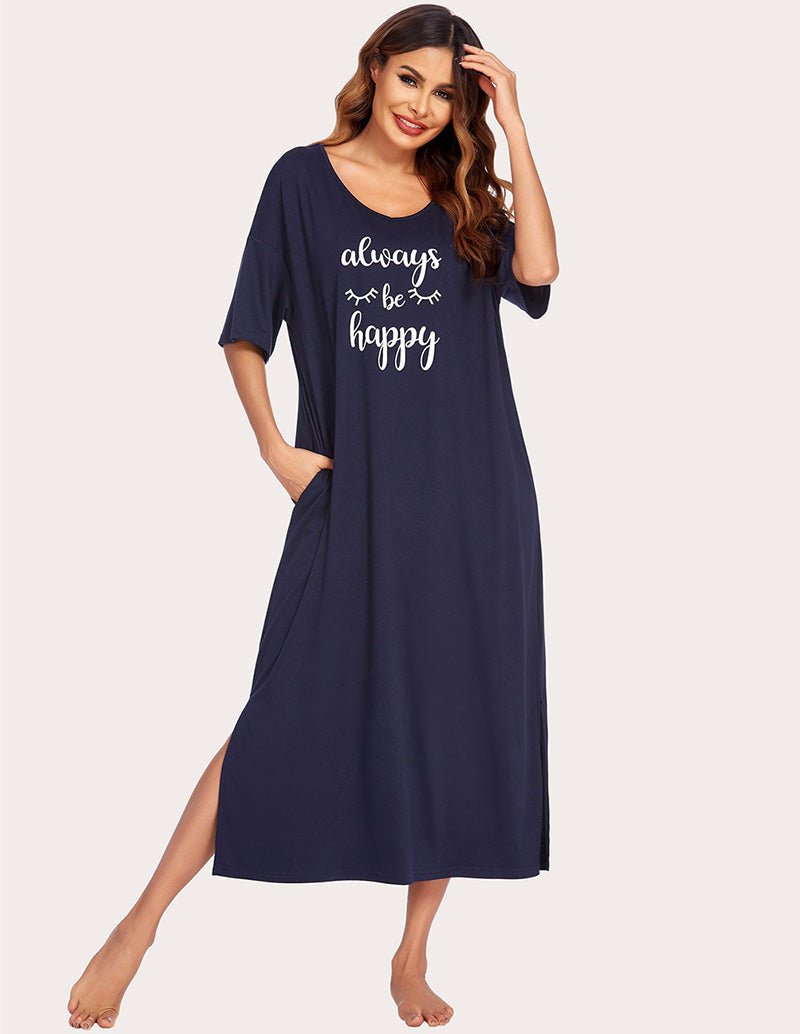 Navy side-split house dress with “always be happy” script on chest, short sleeves