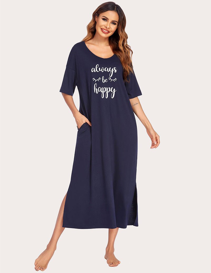 Navy side-split house dress with “always be happy” lettering, relaxed midi silhouette