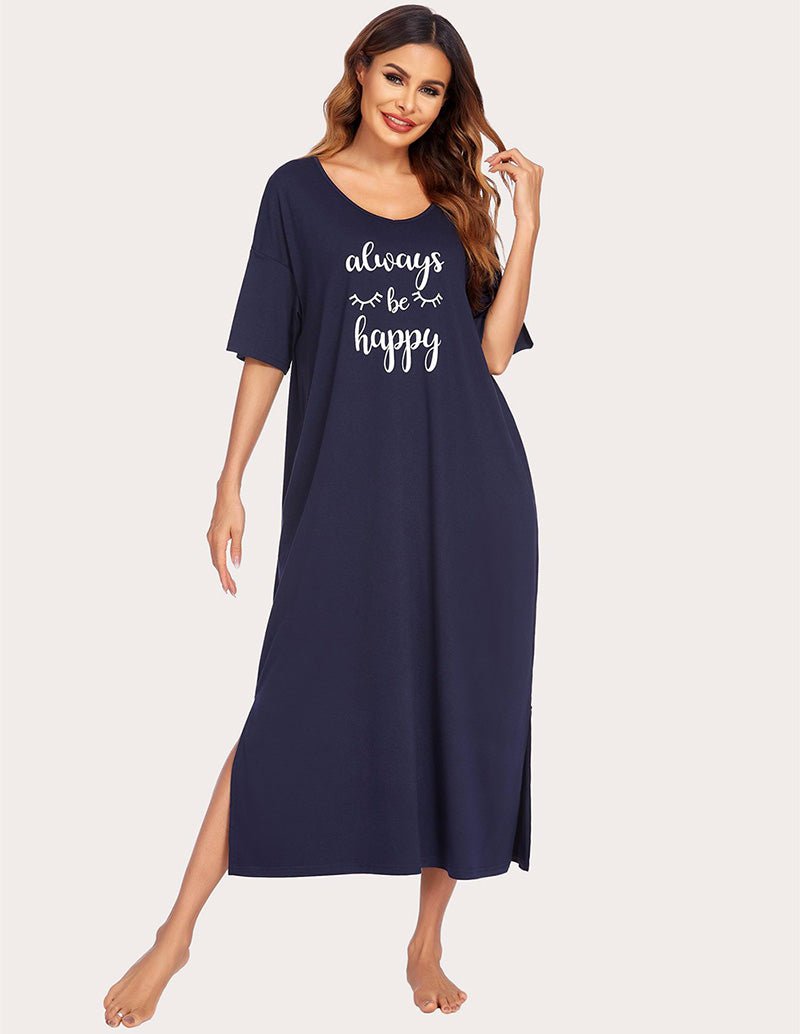 Navy side-split house dress with “always be happy” text and side pocket, short sleeves