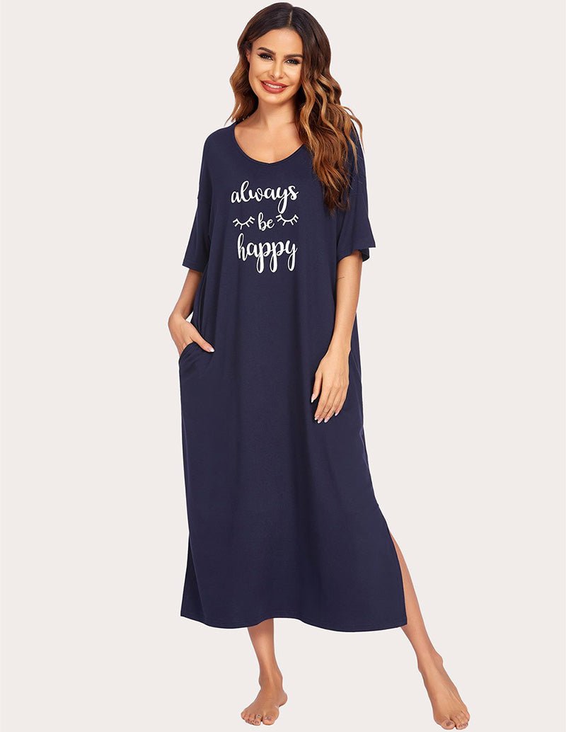 Navy side-split house dress with “always be happy” graphic, crew neck, midi length