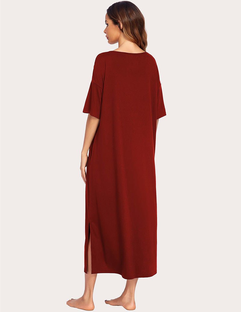 Wine Red nightdress back view with side slit, short sleeves, scoop neck