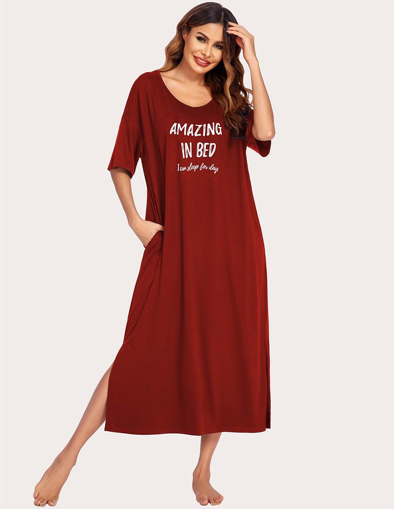 Wine Red house dress with side slit, short sleeves, scoop neck, “AMAZING IN BED” print
