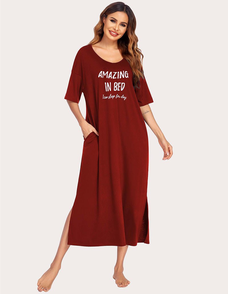 Wine Red side-slit house dress, short sleeves, “AMAZING IN BED” chest text
