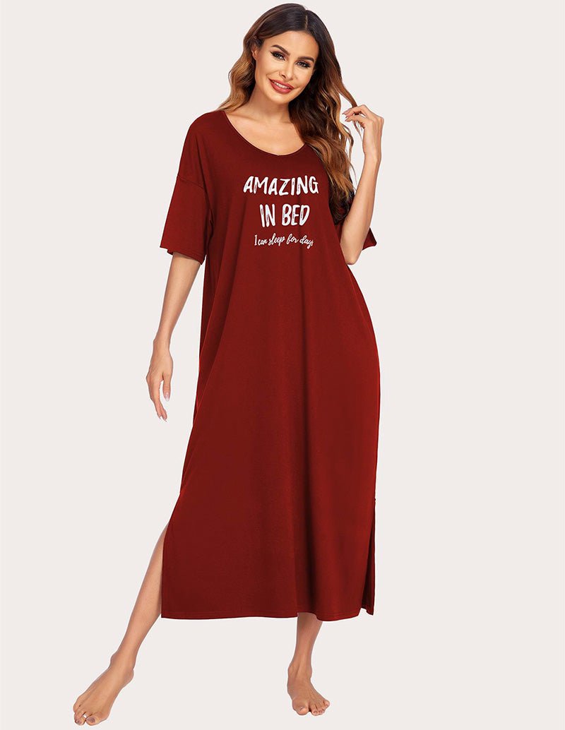 Wine Red long house dress with side slit, scoop neck, “AMAZING IN BED” graphic