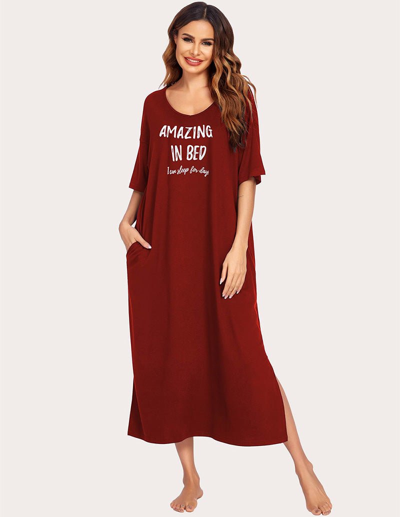 Wine Red side-slit house dress, relaxed fit, short sleeves, “AMAZING IN BED”