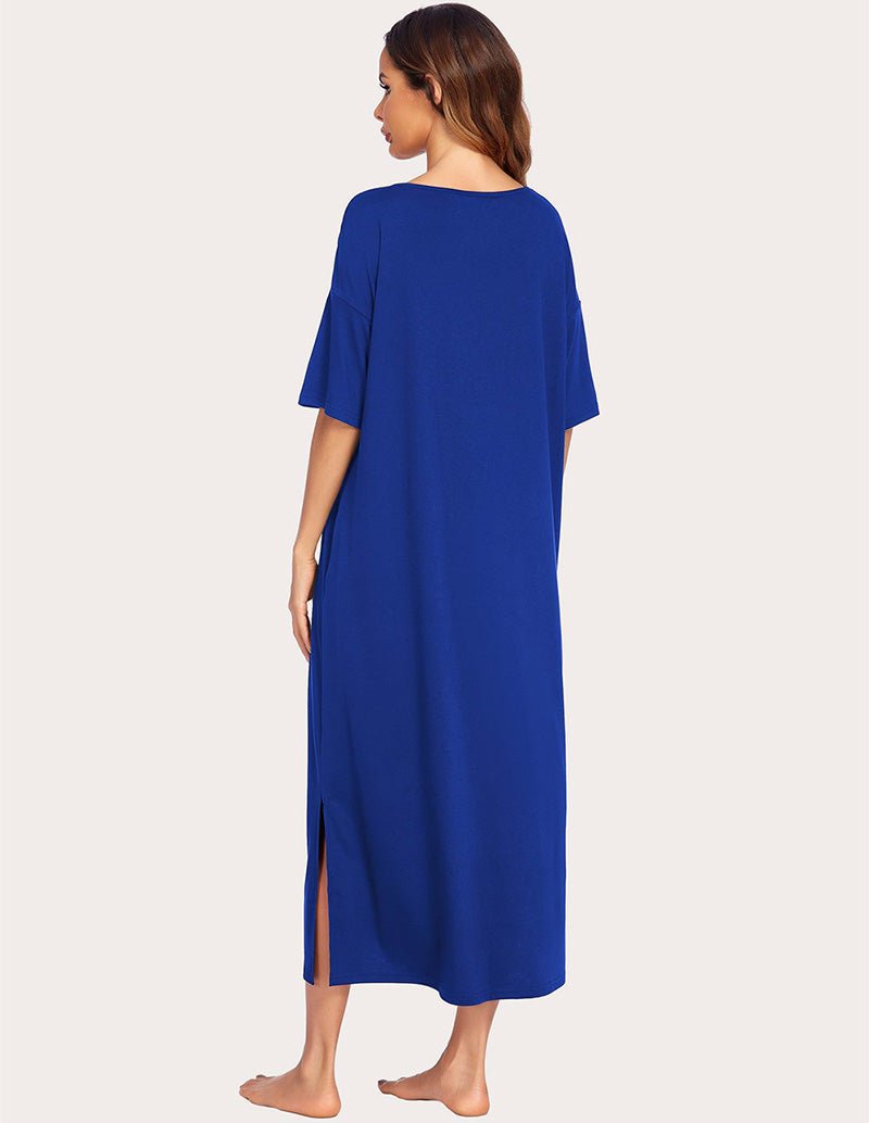 Sky Blue nightdress back view with side slit, short sleeves, scoop neck