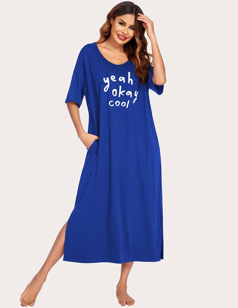 Sky Blue house dress with side slit, short sleeves, scoop neck, “yeah okay cool” print
