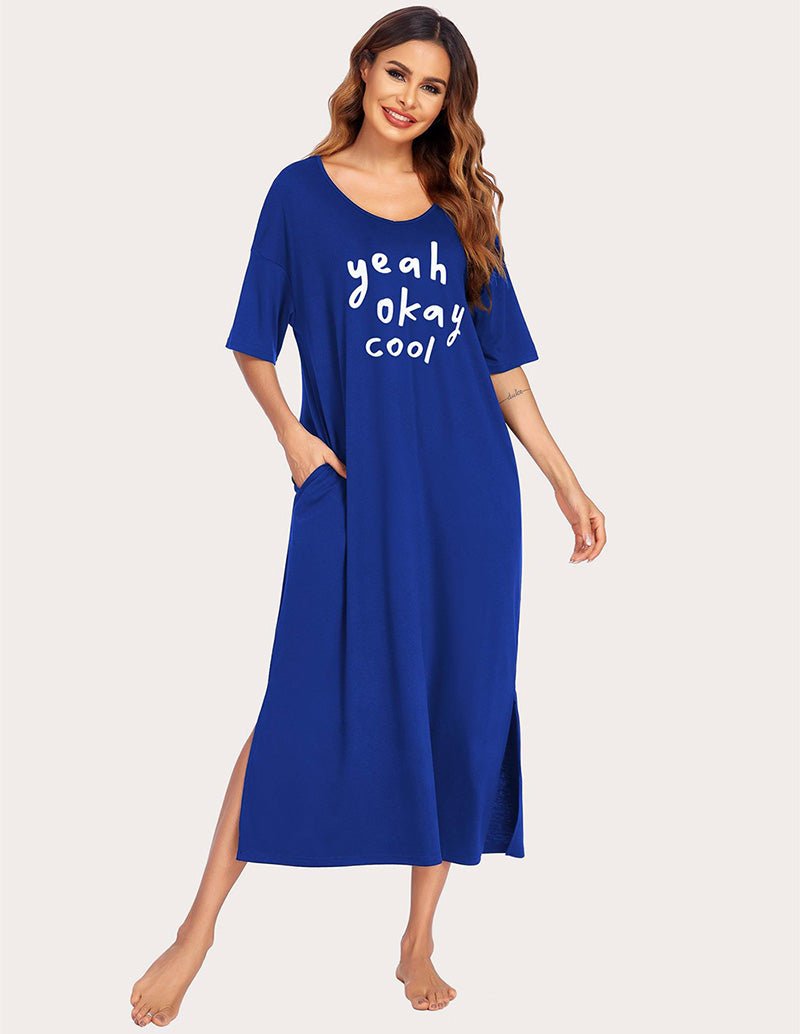 Sky Blue side-slit house dress, short sleeves, “yeah okay cool” front print