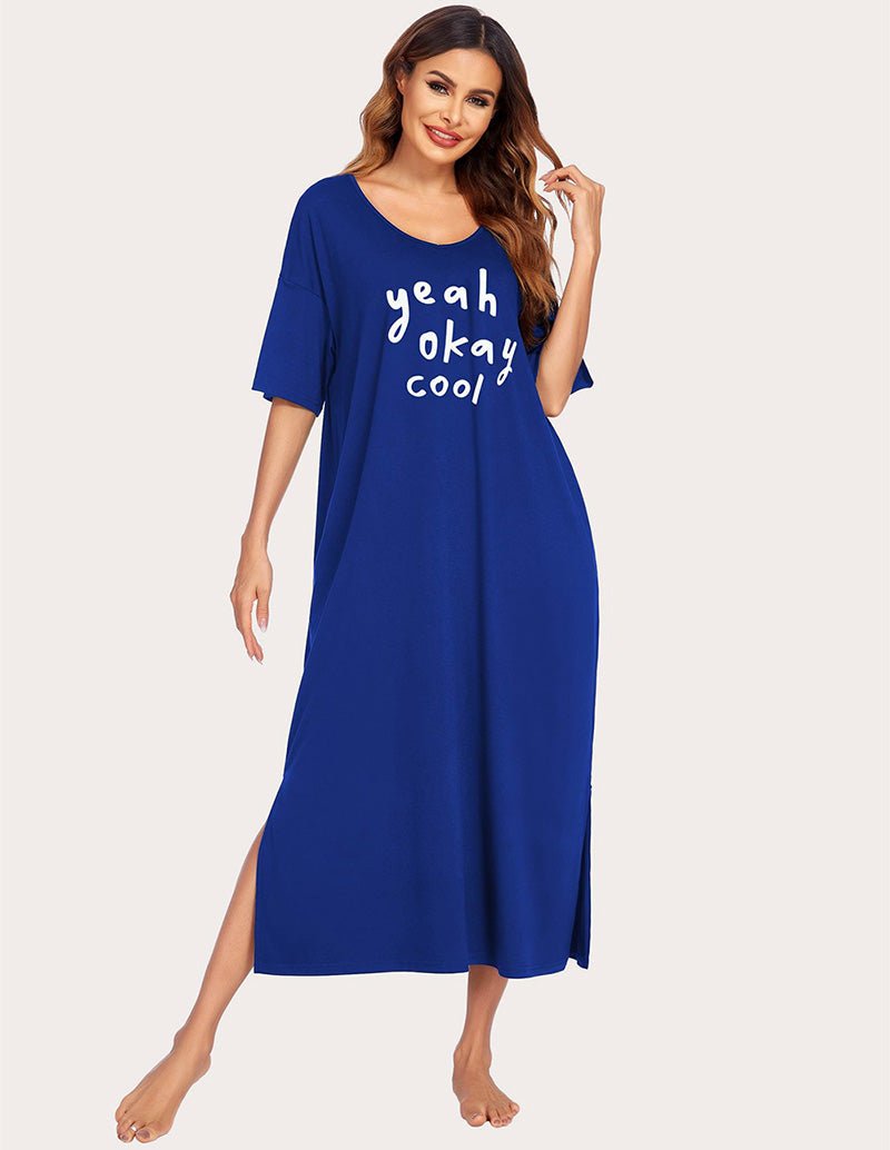 Sky Blue long house dress with side slit, relaxed fit, “yeah okay cool” text